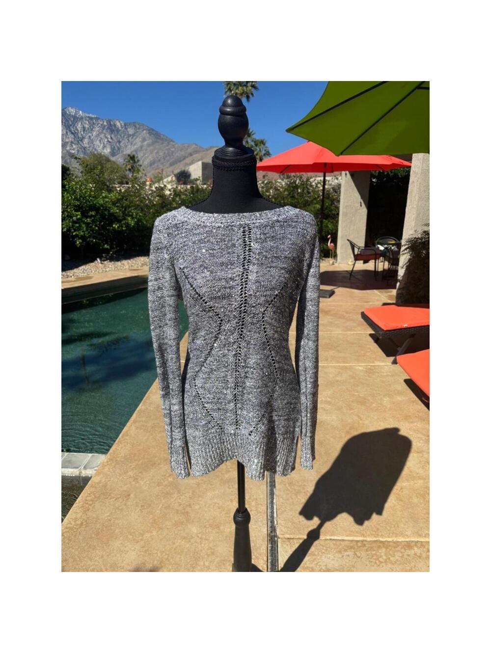 Vintage Beldini Black White Marled Sequin Pointelle Knit Tunic Sweater Womens M